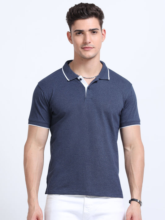 EcoBlend Polo Tshirts - Navy Melange with White Tipping MARSH
