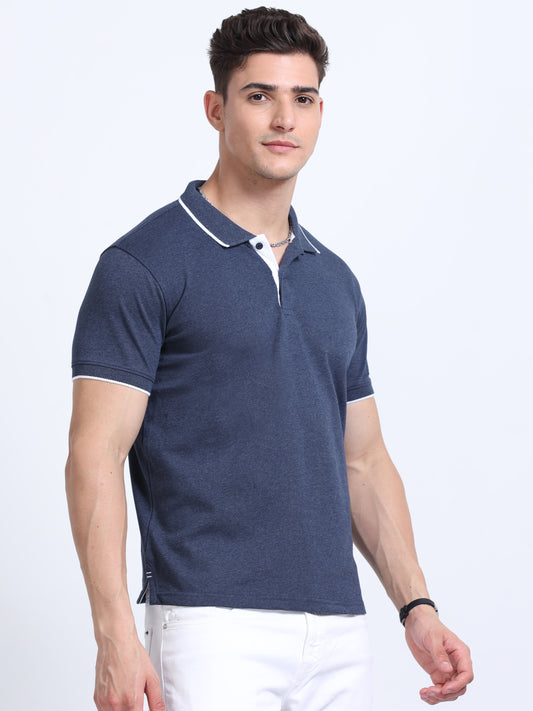 EcoBlend Polo Tshirts - Navy Melange with White Tipping MARSH