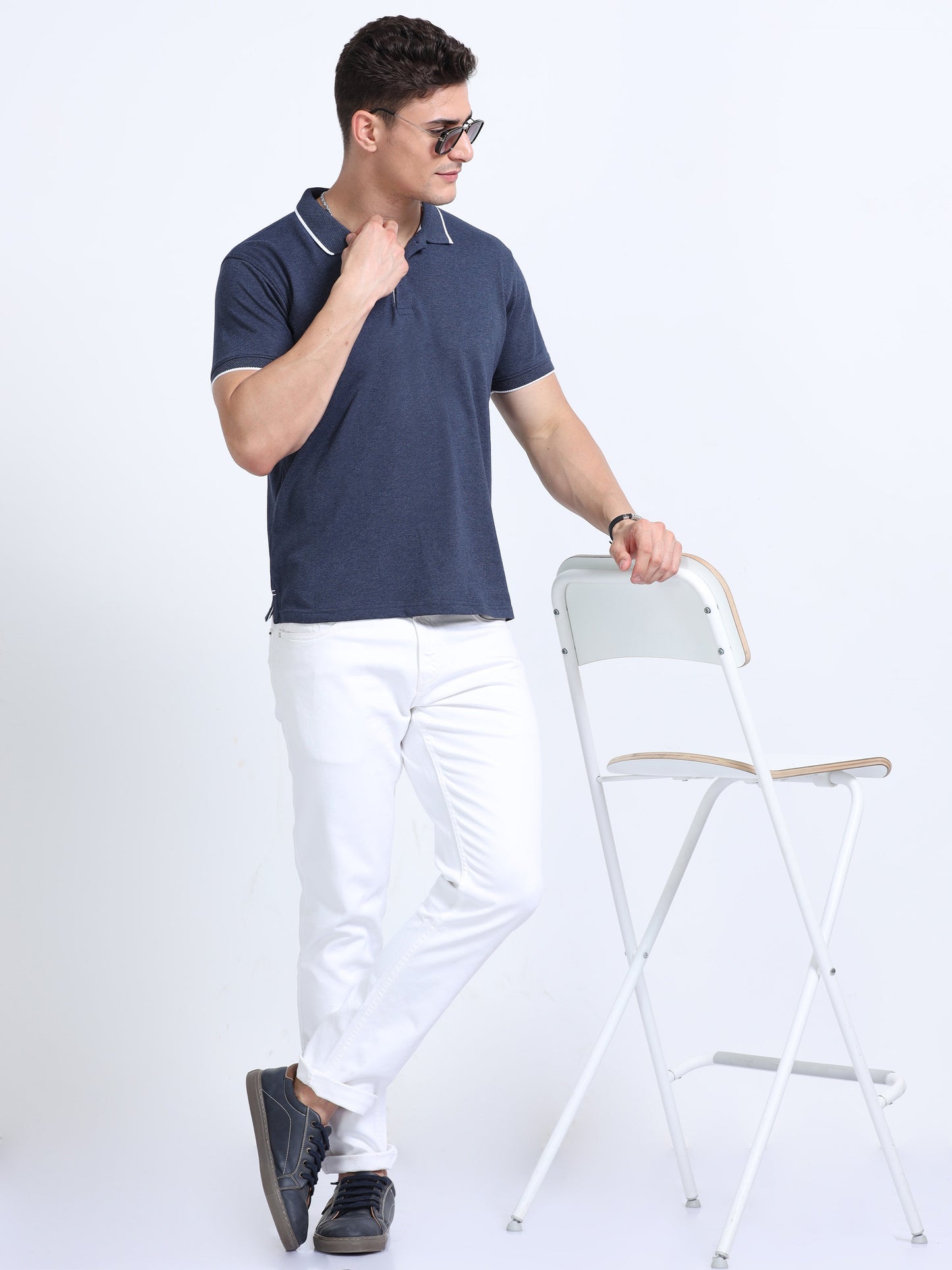 EcoBlend Polo Tshirts - Navy Melange with White Tipping MARSH