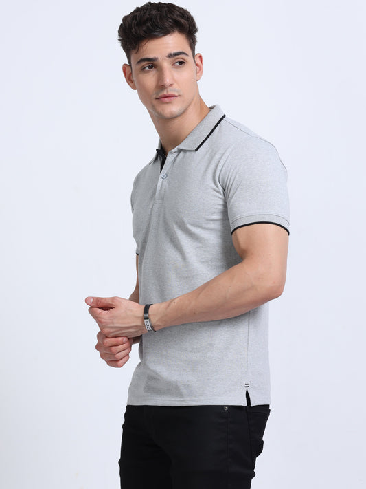 EcoBlend Polo Tshirts - Grey Melange with Black Tipping MARSH
