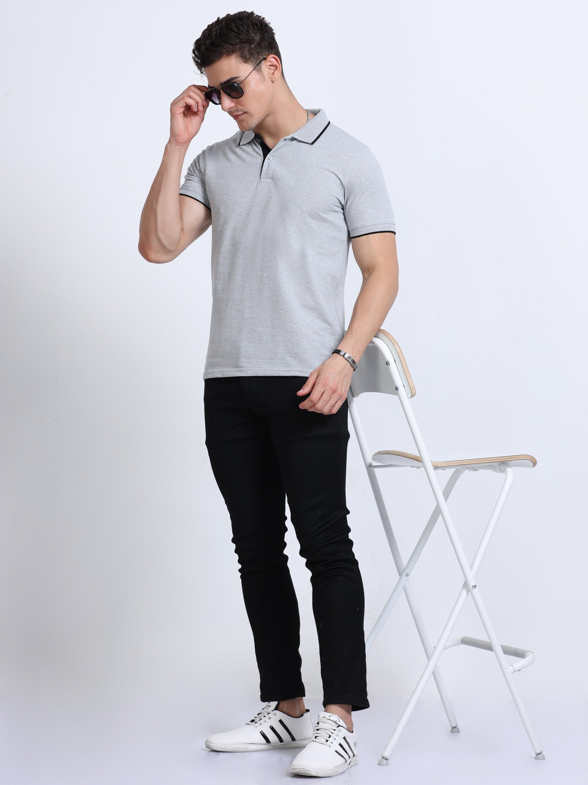 EcoBlend Polo Tshirts - Grey Melange with Black Tipping MARSH