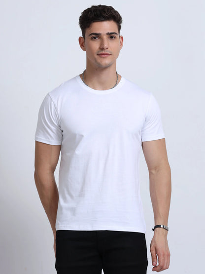 Man wearing plain white crew neck t-shirt, ideal for custom corporate apparel
