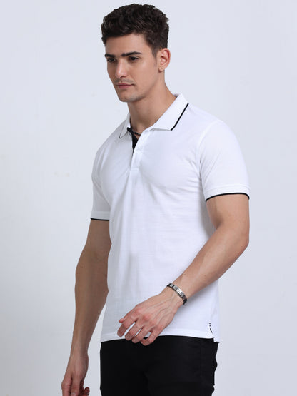 EcoBlend Polo Tshirts - White with Black Tipping MARSH