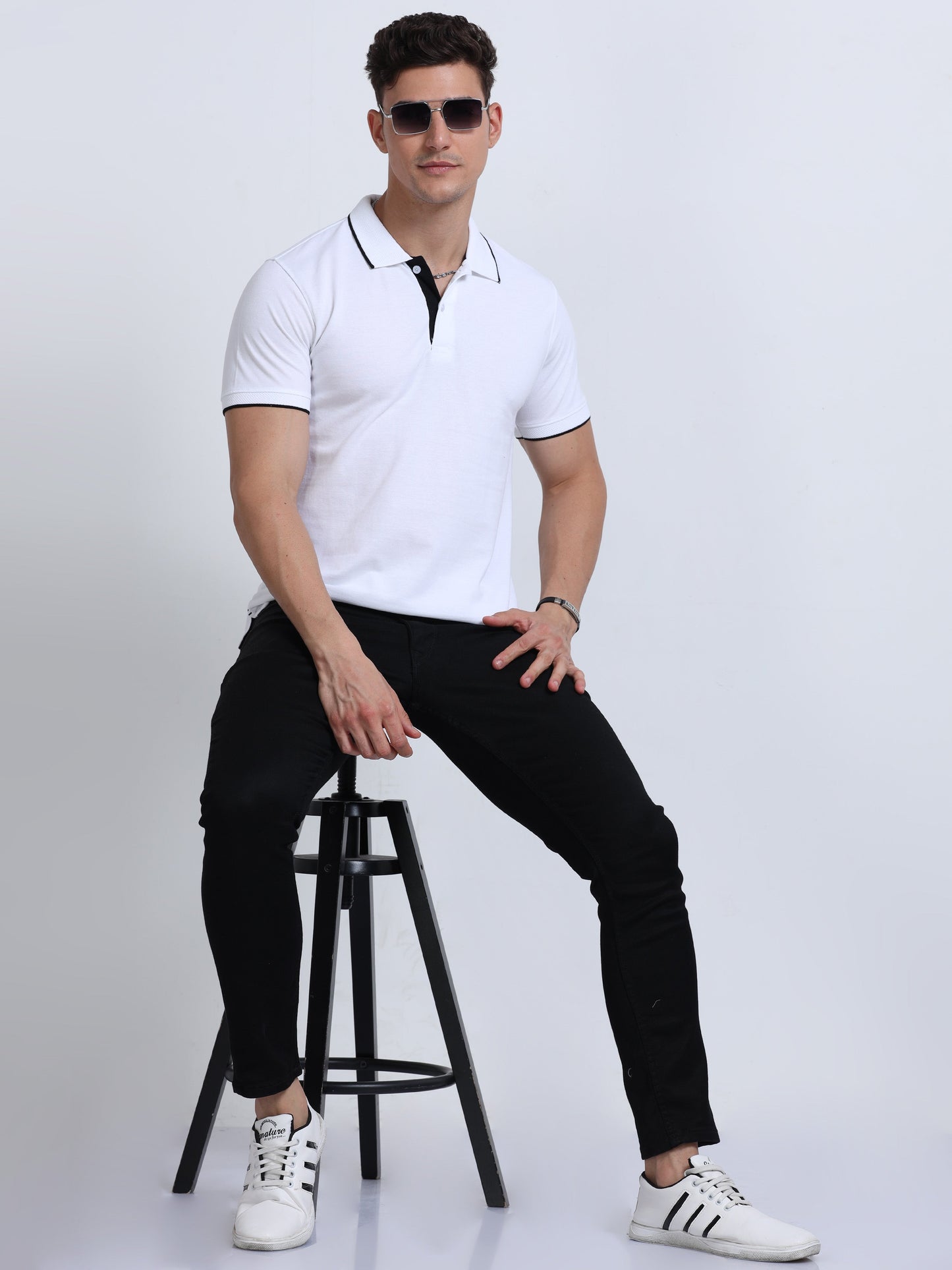 EcoBlend Polo Tshirts - White with Black Tipping MARSH
