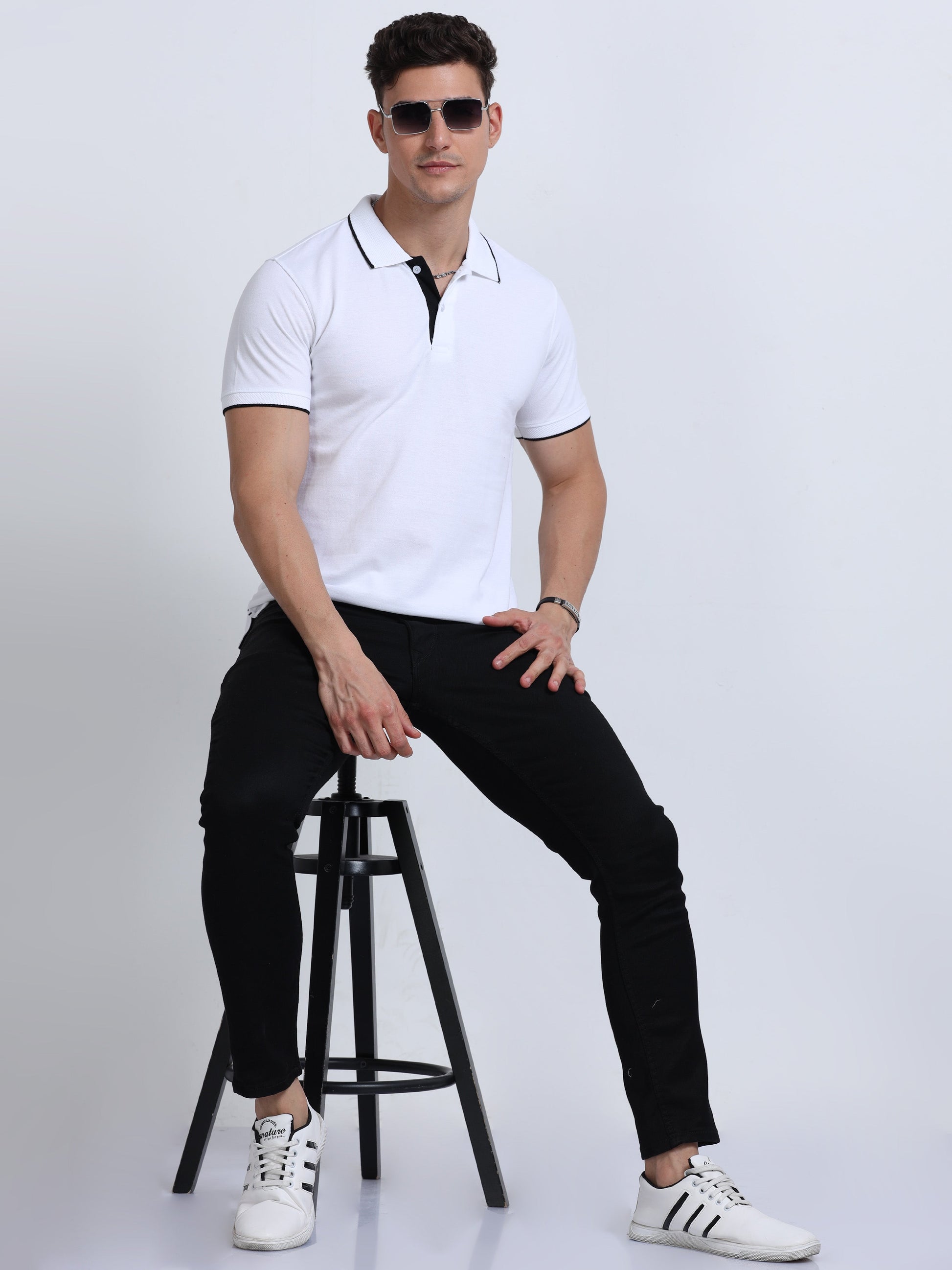 EcoBlend Polo Tshirts - White with Black Tipping MARSH
