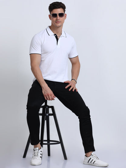 EcoBlend Polo Tshirts - White with Black Tipping MARSH