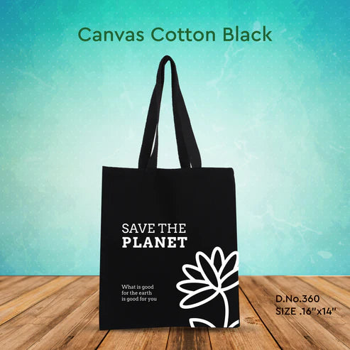 Canvas Cotton Black Bag - 16" x 14" - 300 GSM