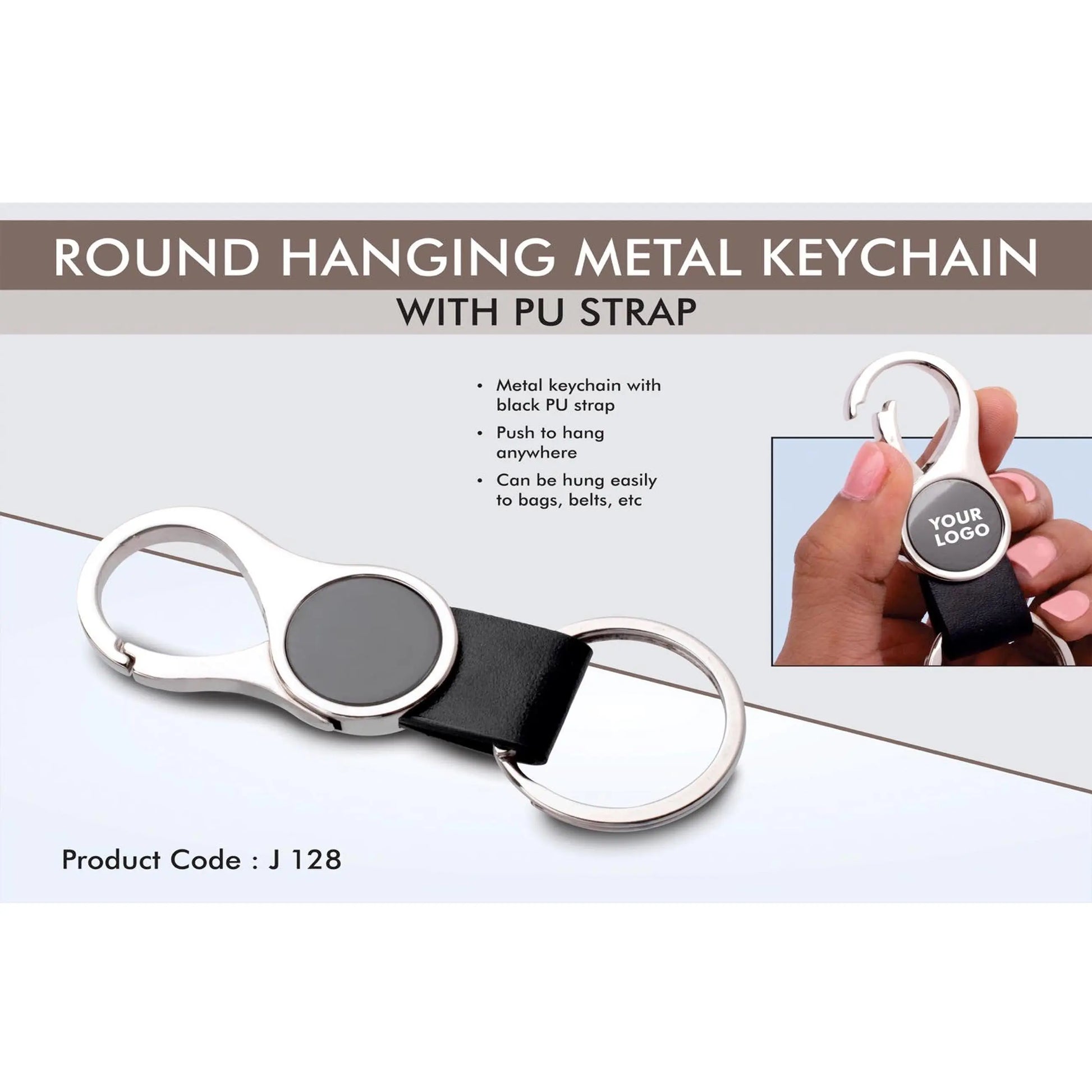 Round hanging metal keychain with PU strap  - J 128 MARSH Corporate gifts