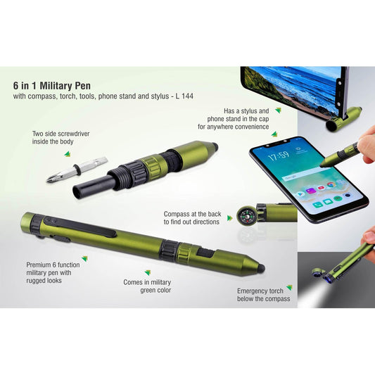 6 in 1 Military pen with compass, torch, tools, phone stand and stylus - L 144 MARSH Corporate gifts