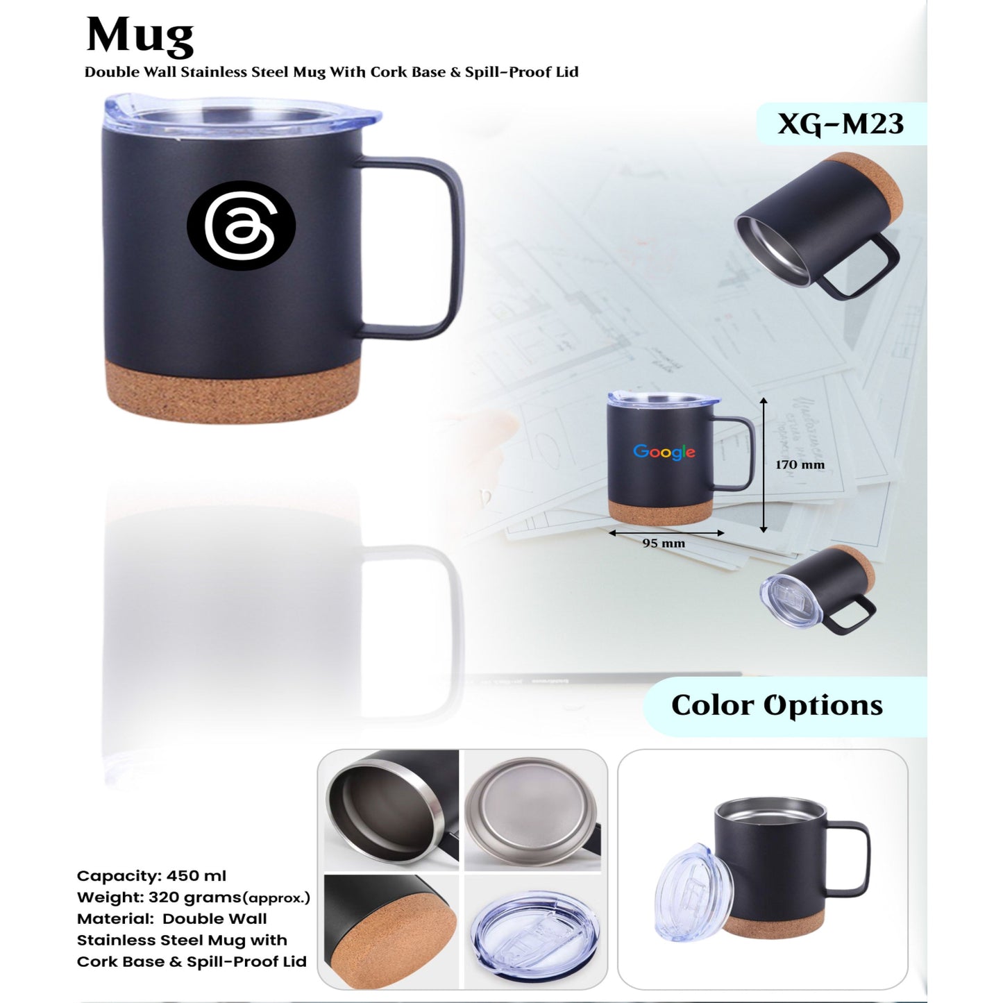 Double wall Stainless Steel Mug With Cork Base &amp; Spill- Proof Lid Mug XG - M23 MARSH Corporate gifts