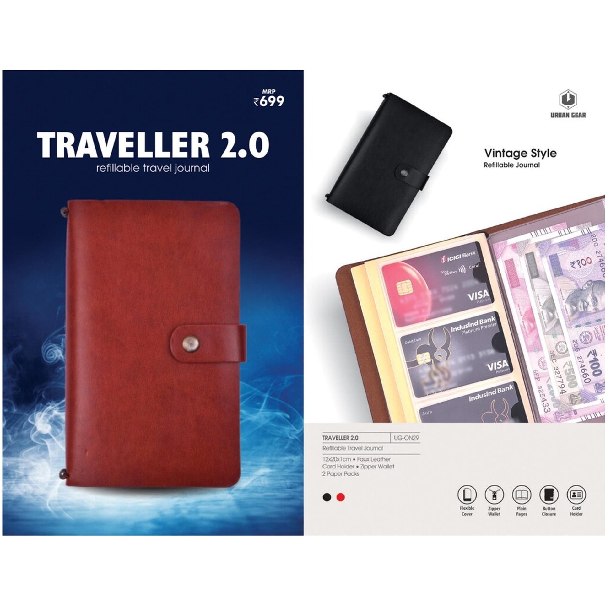 URBAN GEAR - Traveller 2.0 - Vintage Style Refillable Notebooks  - UG-ON29 MARSH Stationery