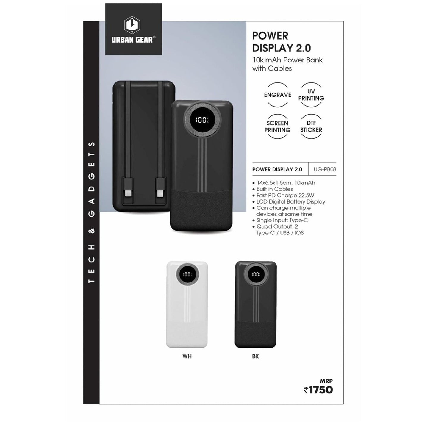 URBAN GEAR - POWER DISPLAY 2.0 - Powerbank 10,000mAh with cables (22.5W) - UG-PB08 MARSH Corporate gifts