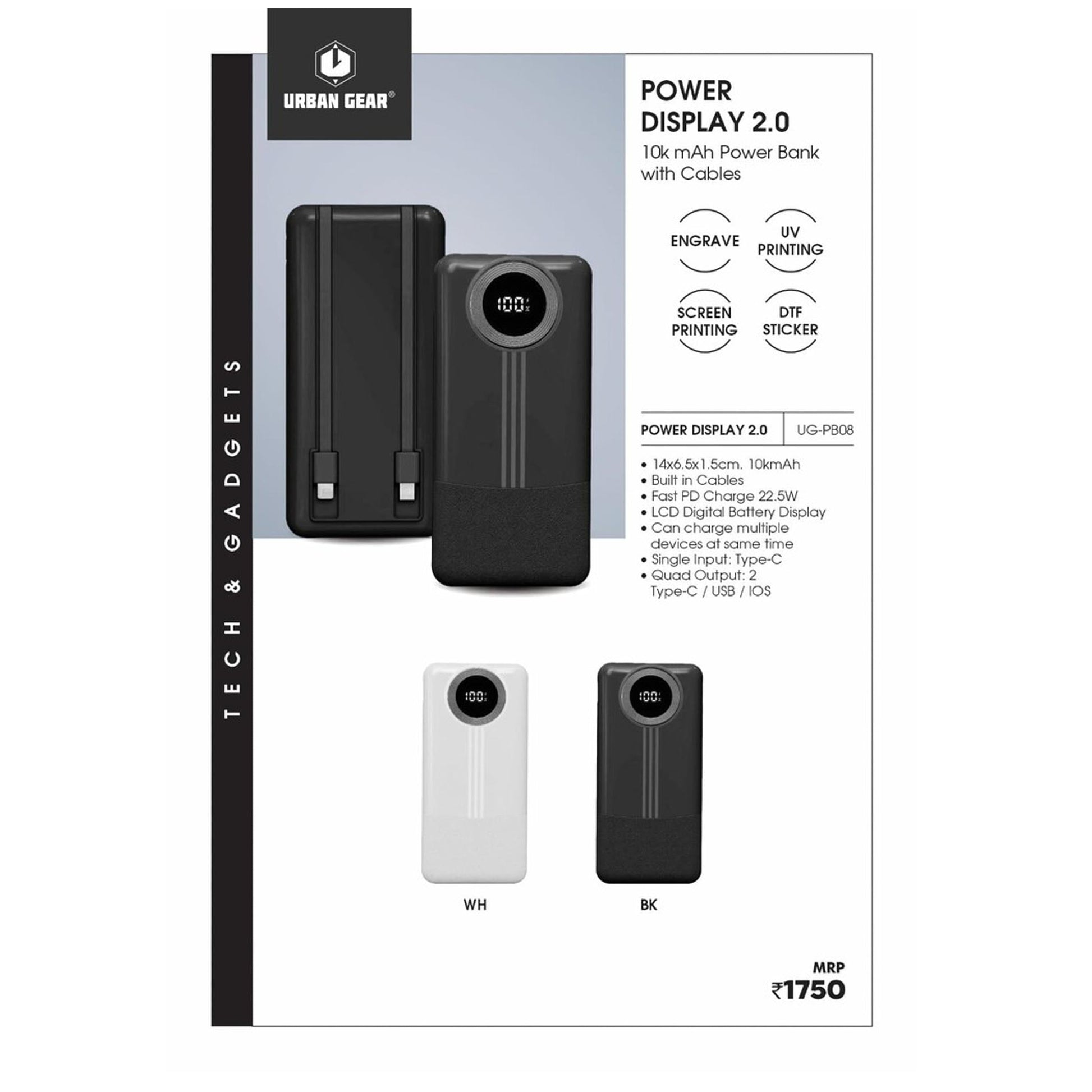 URBAN GEAR - POWER DISPLAY 2.0 - Powerbank 10,000mAh with cables (22.5W) - UG-PB08 MARSH Corporate gifts