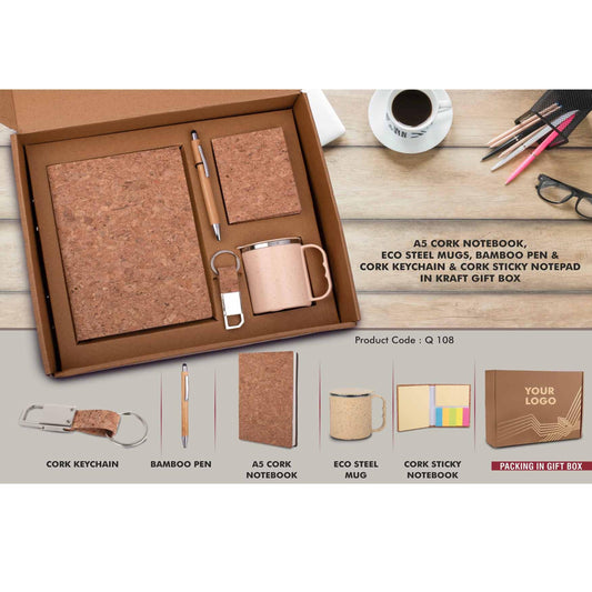 EcoSet 2: Set of A5 Cork notebook, Eco Steel mug, Bamboo Pen, Cork Keychain & Cork Sticky notepad in Kraft Gift Box - Q 108 MARSH Corporate gifts