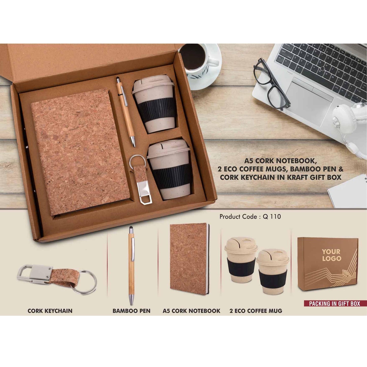 EcoSet 4: Set of A5 Cork notebook, 2 Bamboo Coffee Mugs with Silicon Sleeve, Bamboo Pen & Cork Keychain in Kraft Gift Box - Q 110 MARSH Corporate gifts