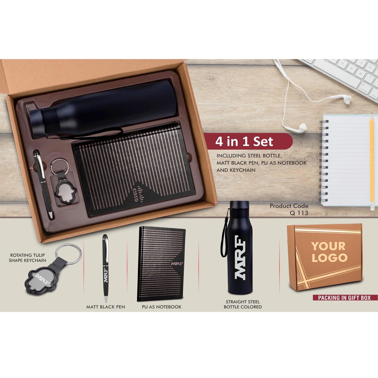 4 in 1 Black set: Tulip shape Keychain, SS Bottle, Metal Pen and A5 PU notebook in Kraft Gift Box - Q 113 MARSH Corporate gifts