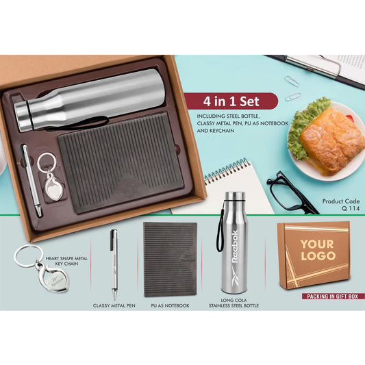 4 in 1 Gray set: Metal keychain, SS bottle, Metal Pen and A5 PU notebook in Kraft Gift Box  - Q 114 MARSH Corporate gifts