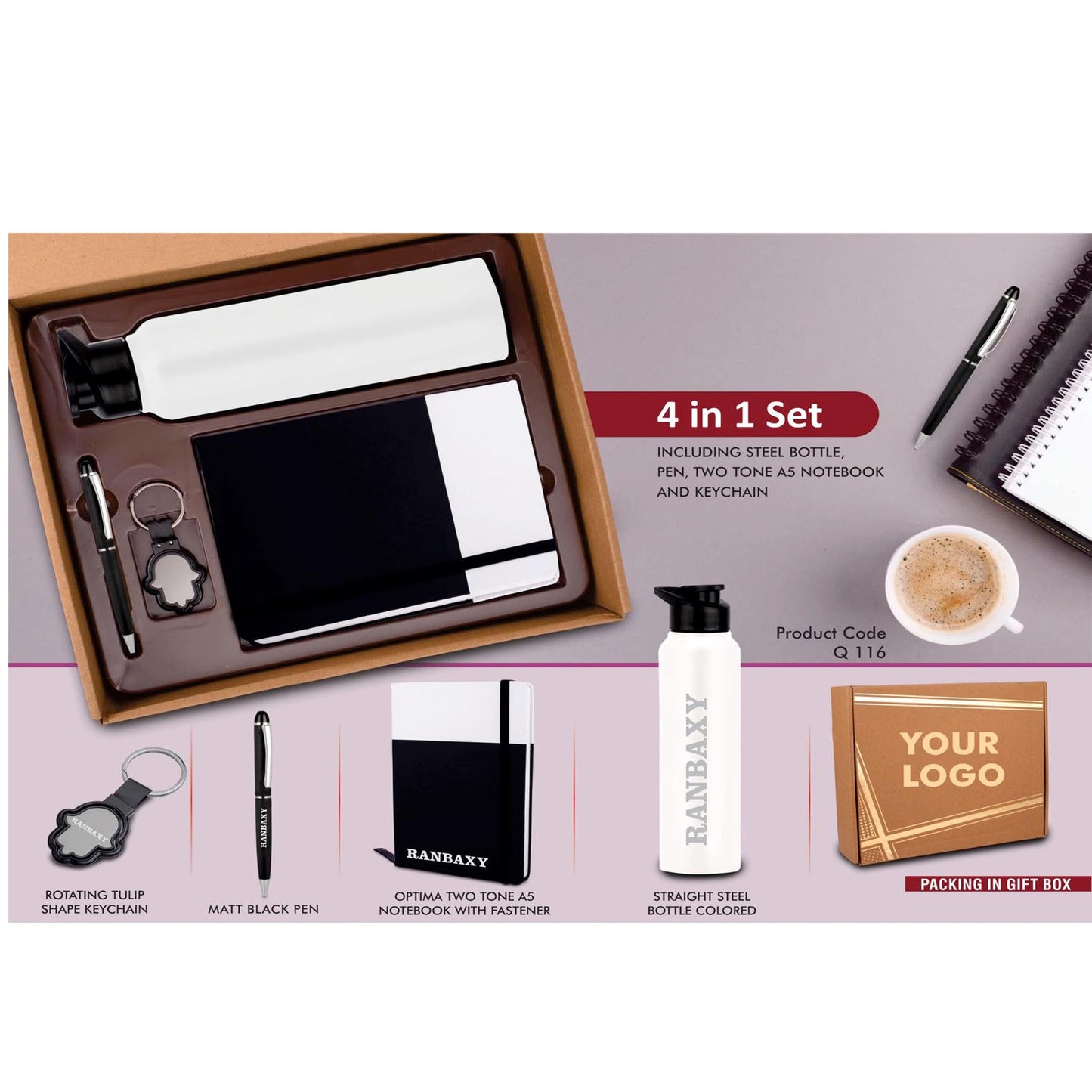 4 in 1 Dual Tone set: Tulip shape Keychain, SS colored bottle, Metal Pen and A5 PU notebook in Kraft Gift Box - Q 116 MARSH Corporate gifts