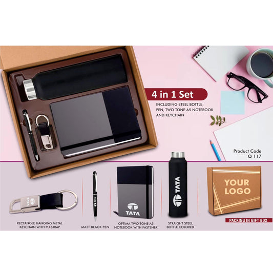 4 in 1 Dual Tone set: Rectangle metal keychain, SS colored bottle, Metal Pen and A5 PU notebook in Kraft Gift Box- Q 117 MARSH Corporate gifts