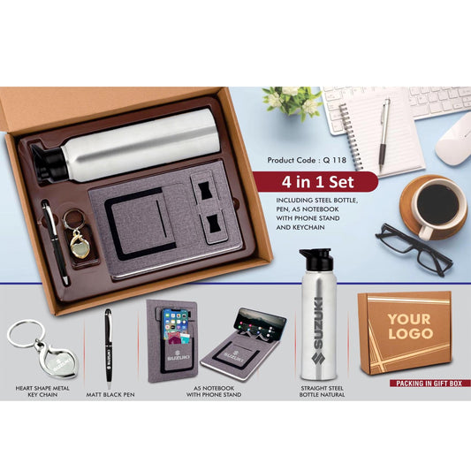 4 in 1 Gray set: Metal Keychain, SS natural bottle, Metal Pen and 4 in 1 notebook in Kraft Gift Box- Q 118 MARSH Corporate gifts