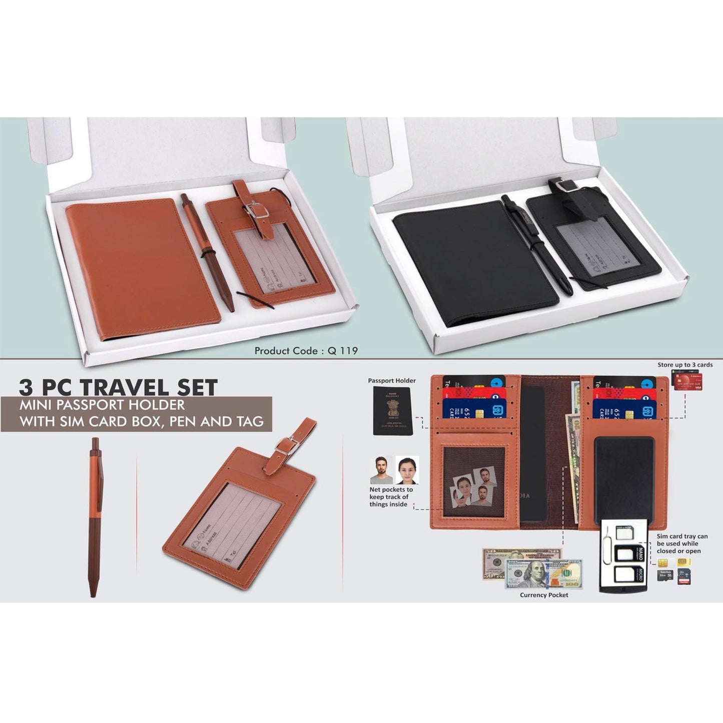 3 pc Travel set: Mini Passport holder with Sim card box, Luggage tag & Metal Pen in Gift box - Q 119 MARSH Corporate gifts