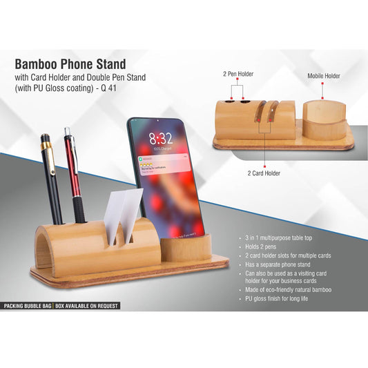 Bamboo phone stand with card holder and double pen stand (with PU Gloss coating)  -  Q 41 MARSH Corporate gifts