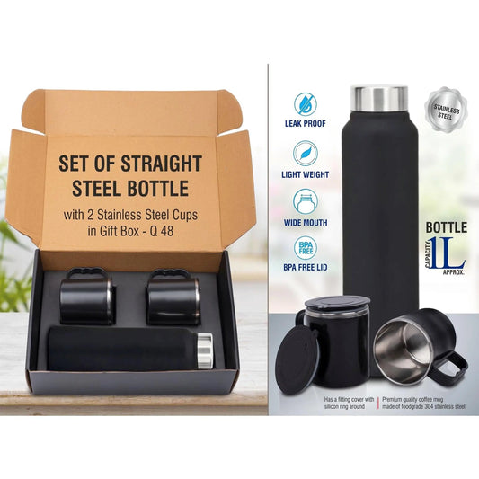 Set of Black Stainless Steel Bottle with 2 Stainless steel cups in Gift box | Bottle capacity 1L approx  -  Q 48 MARSH Corporate gifts