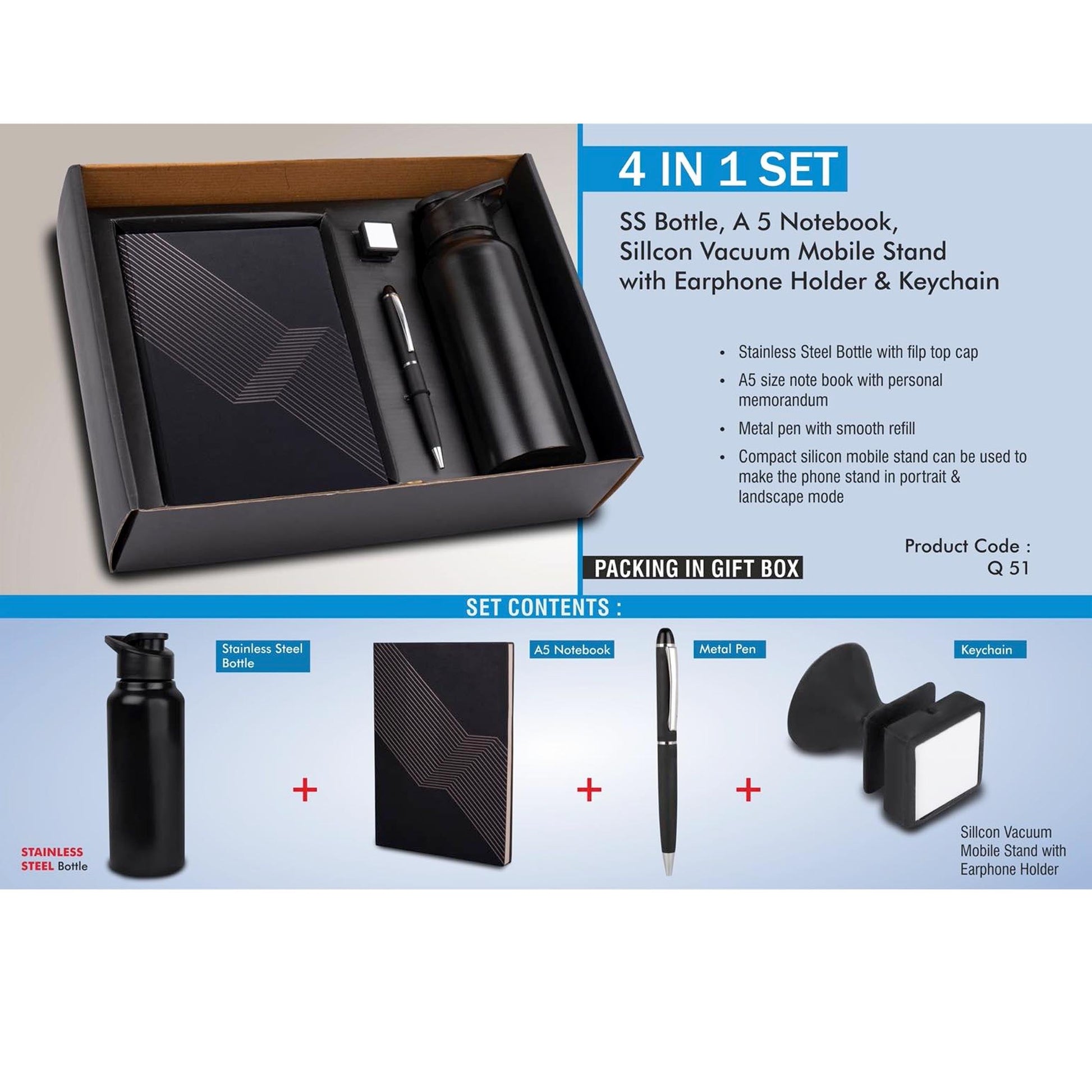 4 in 1 set: Stainless Steel bottle, metal pen, Silicon mobile stand with earphone holder, A5 notebook -  Q 51 MARSH Corporate gifts