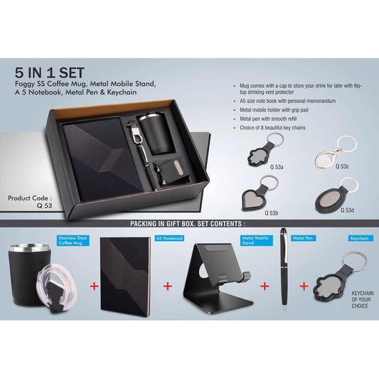 5 in 1 set: Foggy SS coffee mug, Metal pen, Metal mobile stand, A5 notebook and Keychain - Q 53 MARSH Corporate gifts