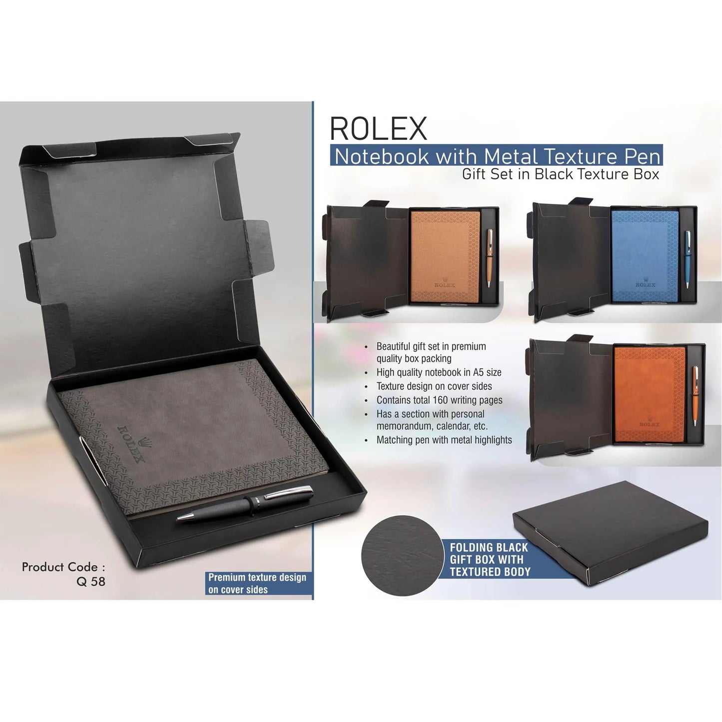 Rolex Notebook with Metal Texture pen | Gift set in Black Texture box - Q 58 MARSH Corporate gifts
