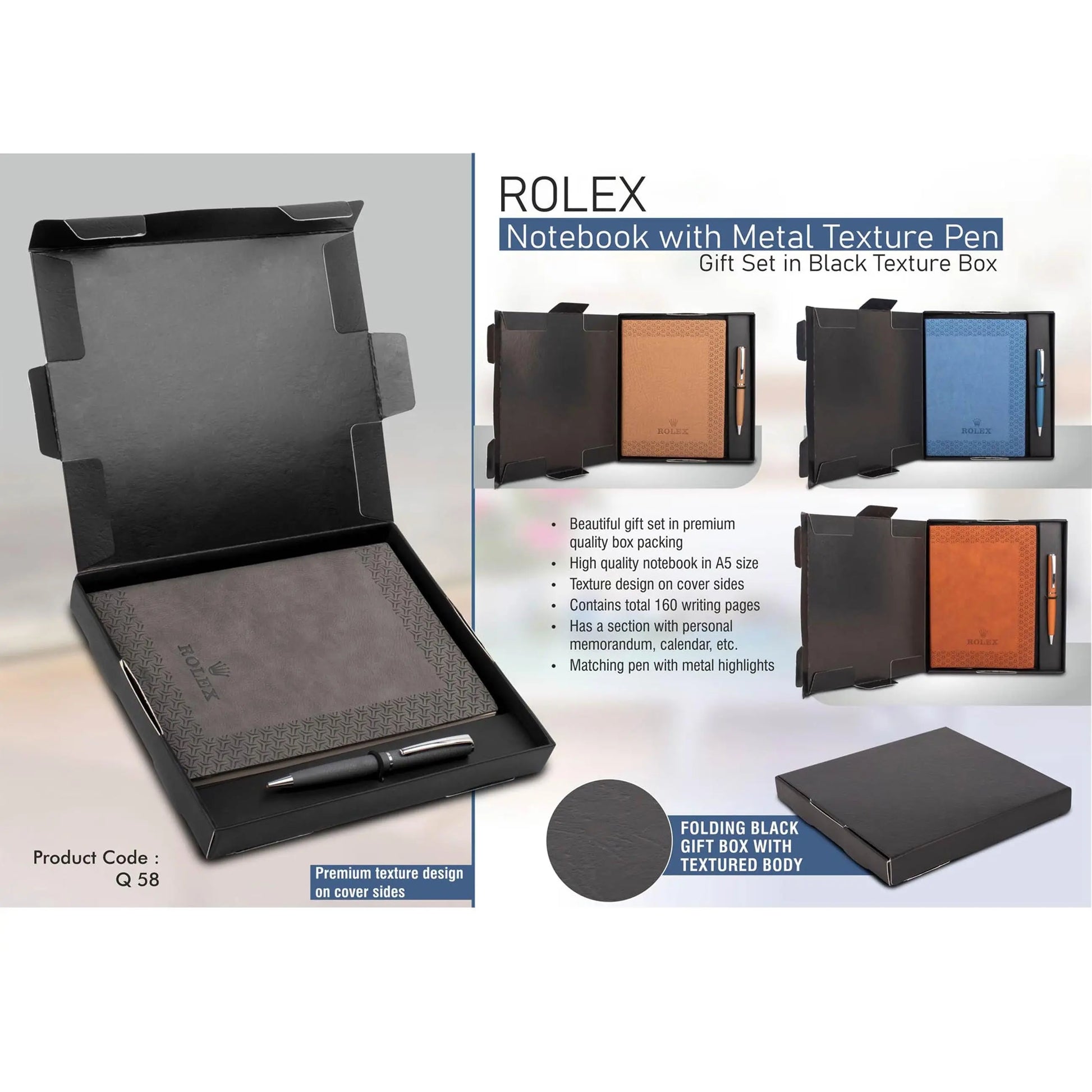 Rolex Notebook with Metal Texture pen | Gift set in Black Texture box - Q 58 MARSH Corporate gifts