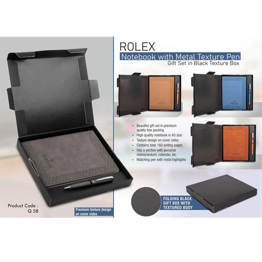 Rolex Notebook with Metal Texture pen | Gift set in Black Texture box - Q 58 MARSH Corporate gifts