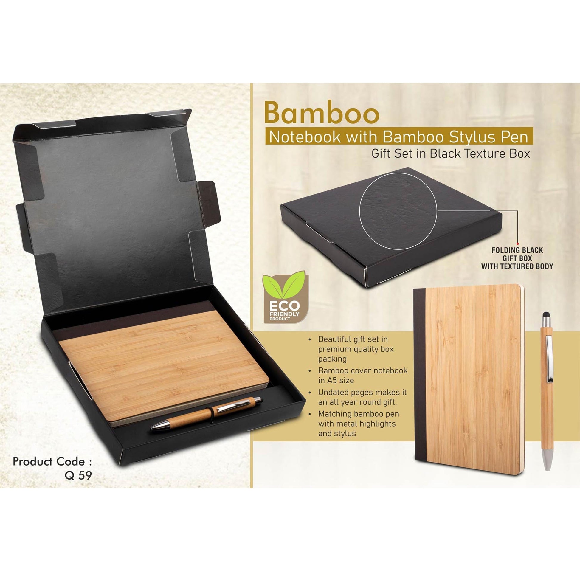 Bamboo Notebook with Bamboo pen | Gift set in Black Texture box - Q 59 MARSH Corporate gifts