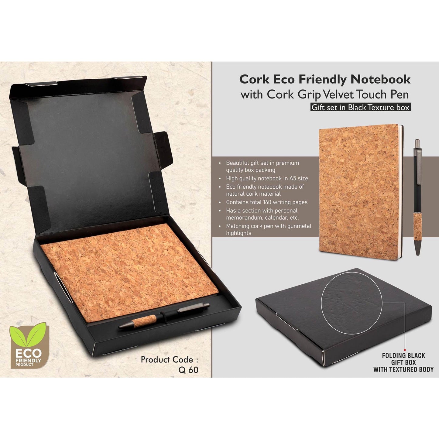 Cork Notebook with Cork Grip Velvet touch pen | Gift set in Black Texture box - Q 60 MARSH Corporate gifts