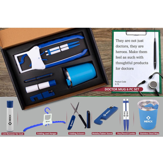 Doctor Mug set: Folding Coat hanger, Lint remover, Folding scissors, Mobile/Tablet stand, Pen/Pencil combo, Stainless steel mug | 6 pc set - Q 70 MARSH Corporate gifts