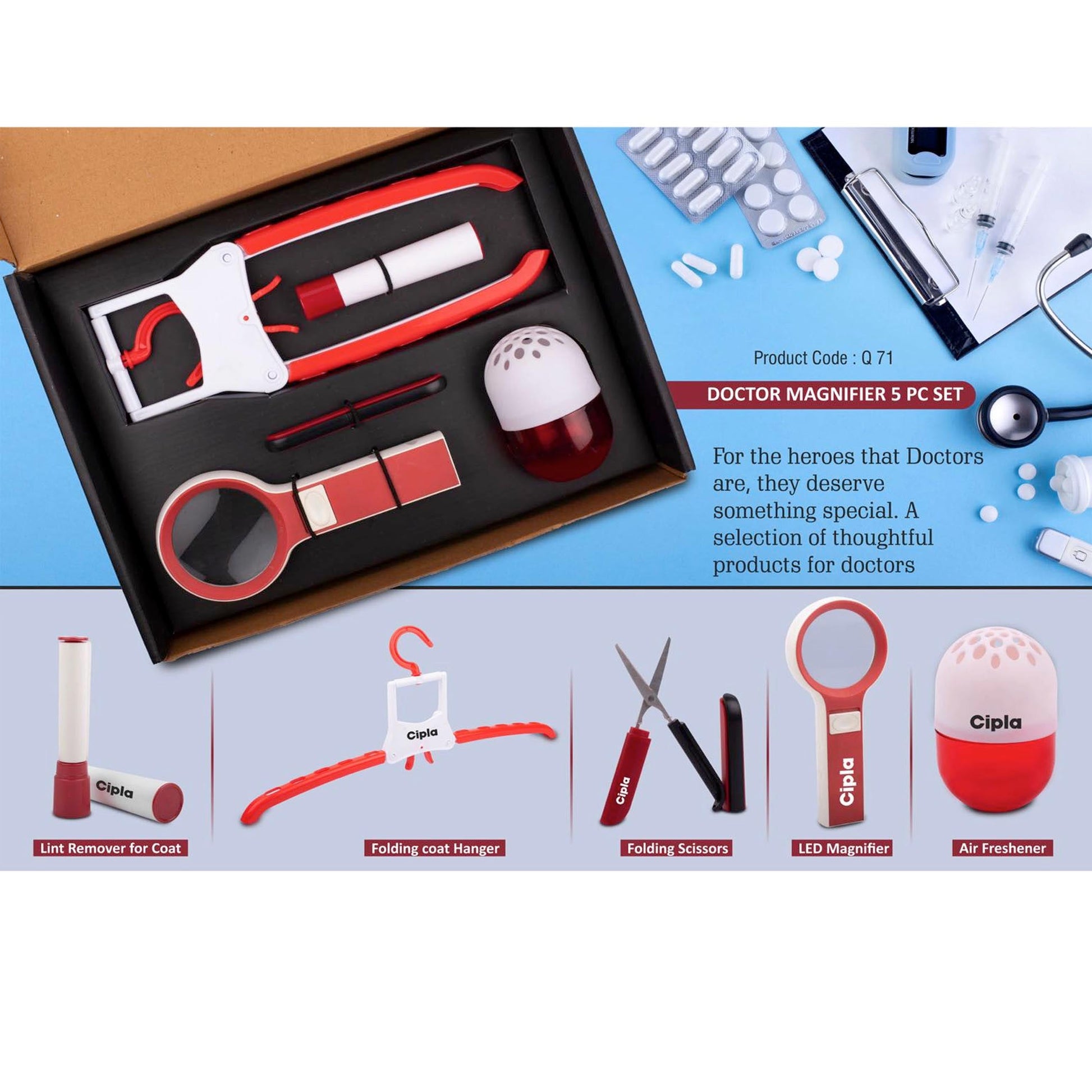 Doctor Magnifier set: Folding Coat hanger, Lint remover, Folding scissors, LED Magnifier, Capsule shape Air freshener | 5 pc set - Q 71 MARSH Corporate gifts