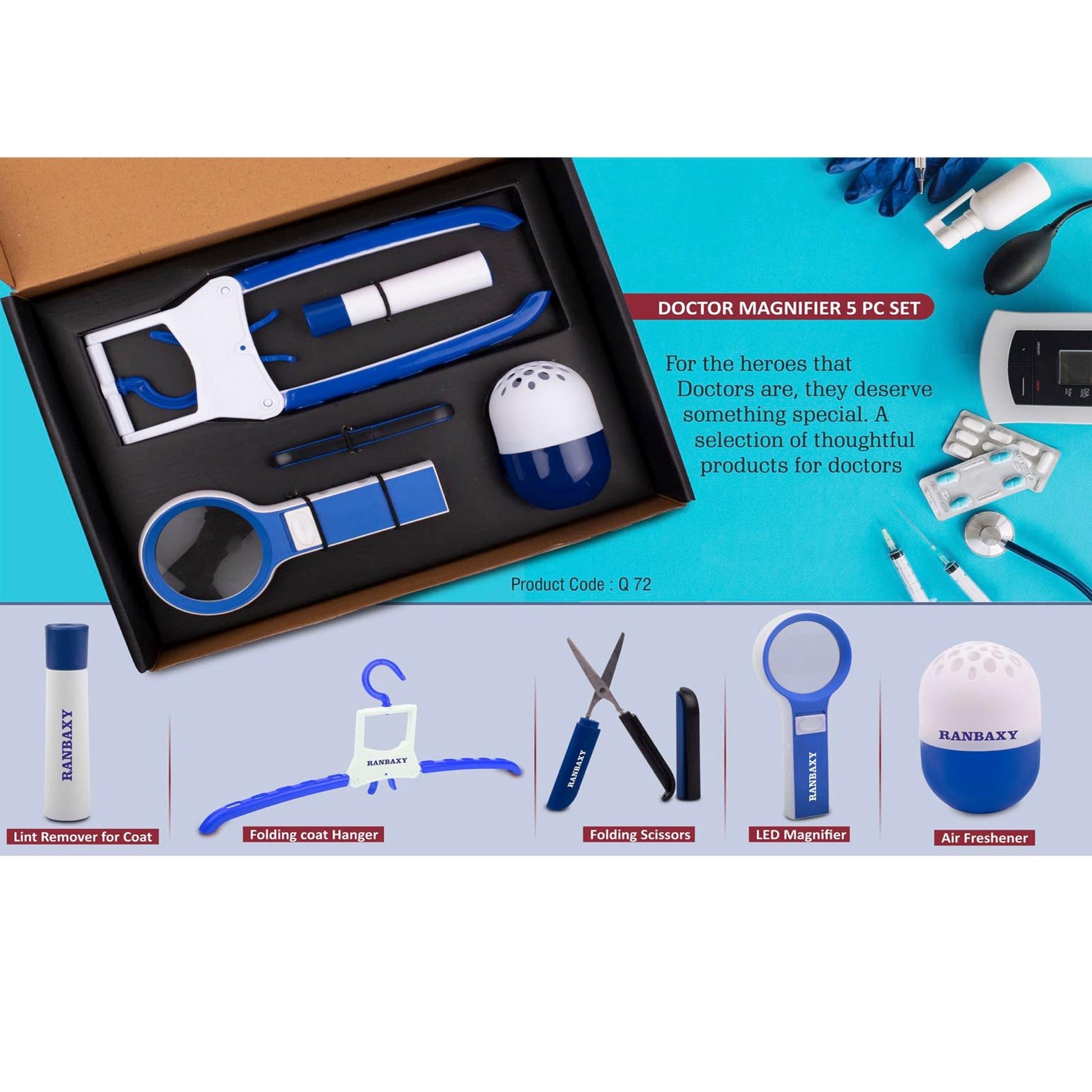 Doctor Magnifier set: Folding Coat hanger, Lint remover, Folding scissors, LED Magnifier, Capsule shape Air freshener | 5 pc set - Q 72 MARSH Corporate gifts