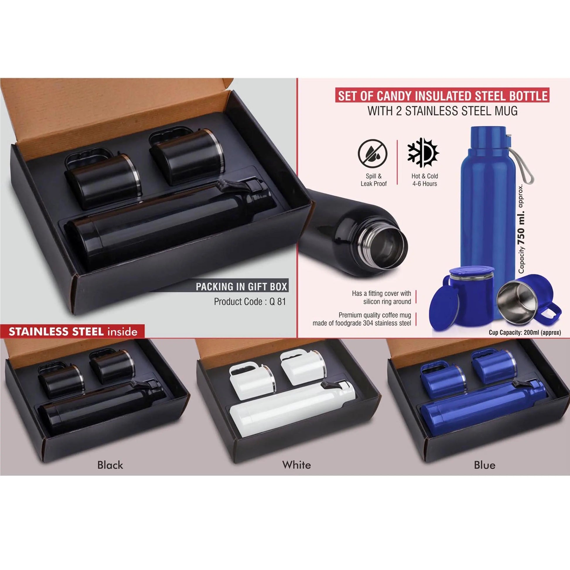 Set of Candy Insulated Steel Bottle with 2 Stainless Steel cups in Gift box | Keeps hot/cold upto 6 hours | Exclusive blister packing- Q 81 MARSH Corporate gifts