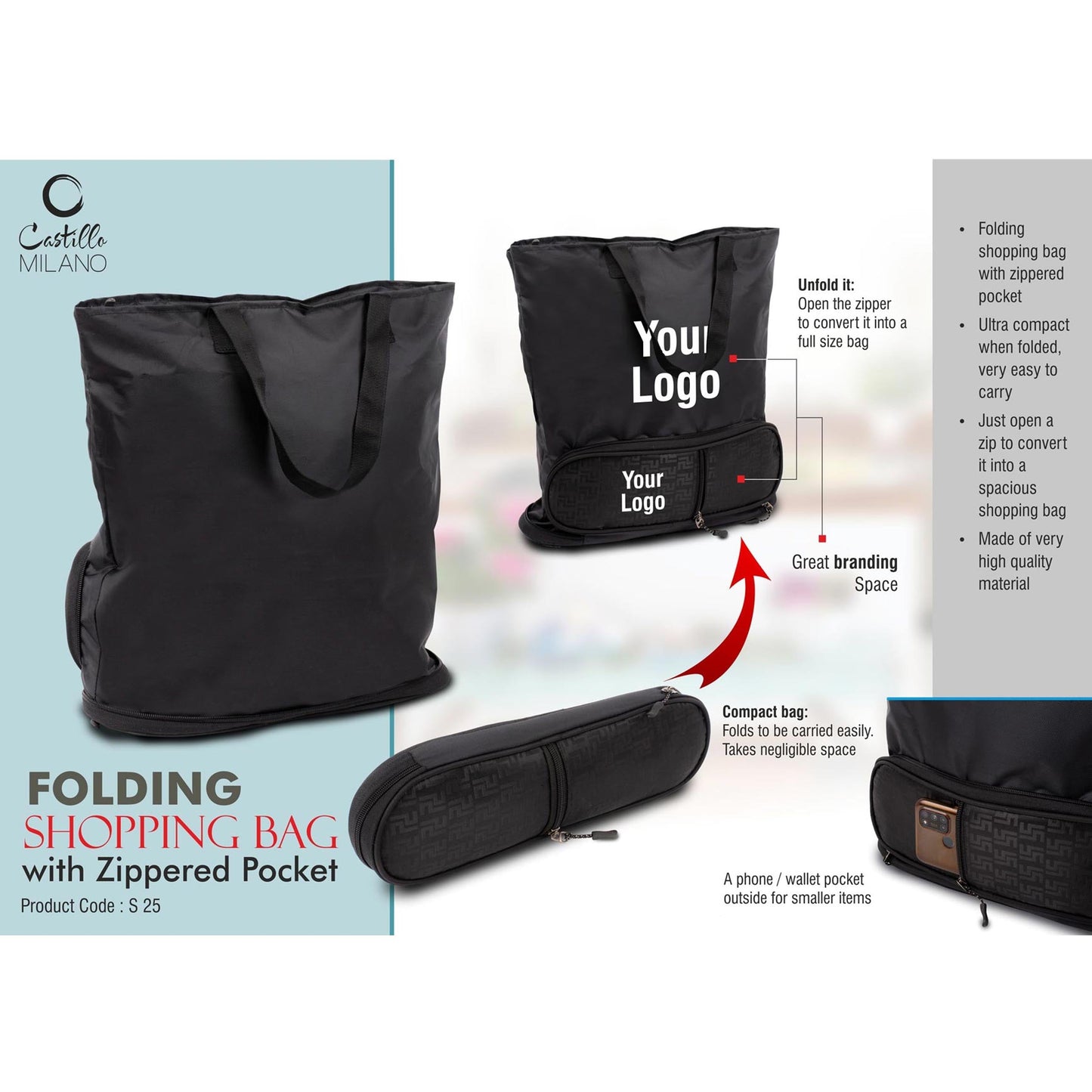 Folding shopping bag with Zippered pocket | Phone, wallet pocket outside  - S 25 MARSH Corporate gifts