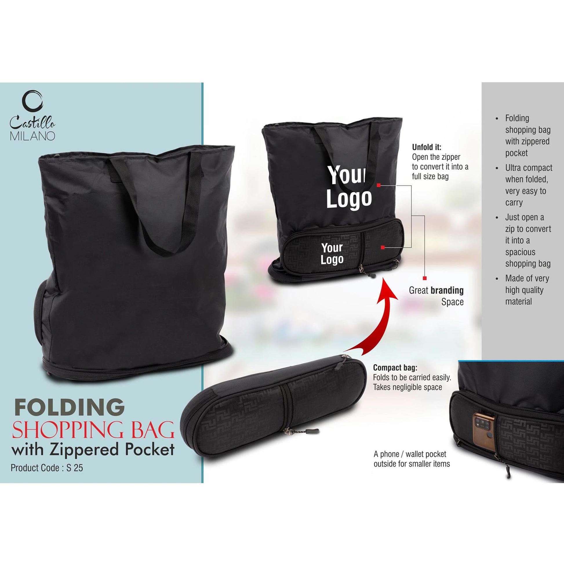 Folding shopping bag with Zippered pocket | Phone, wallet pocket outside  - S 25 MARSH Corporate gifts