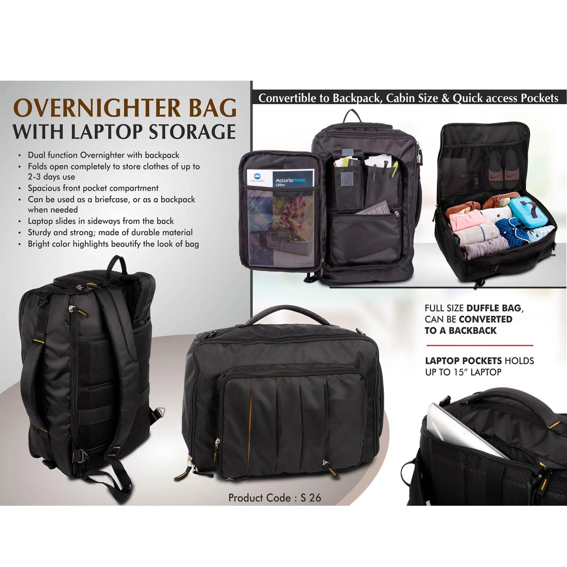 Overnighter bag with Laptop storage | Convertible to Backpack | Cabin size | Quick access pockets  - S 26 MARSH Corporate gifts