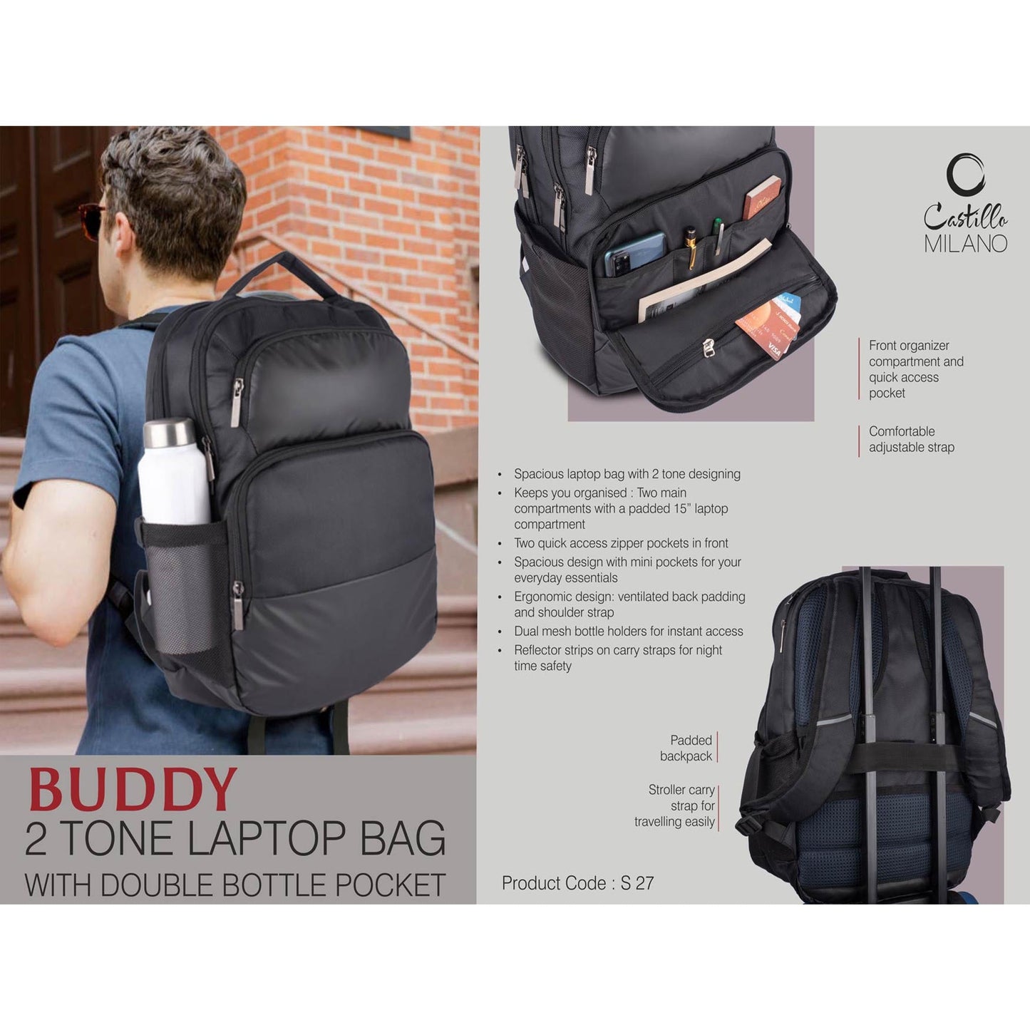 Buddy: 2 tone Laptop bag with double bottle pocket | Front organizer compartment and quick access pocket | Padded backpack  - S 27 MARSH Corporate gifts
