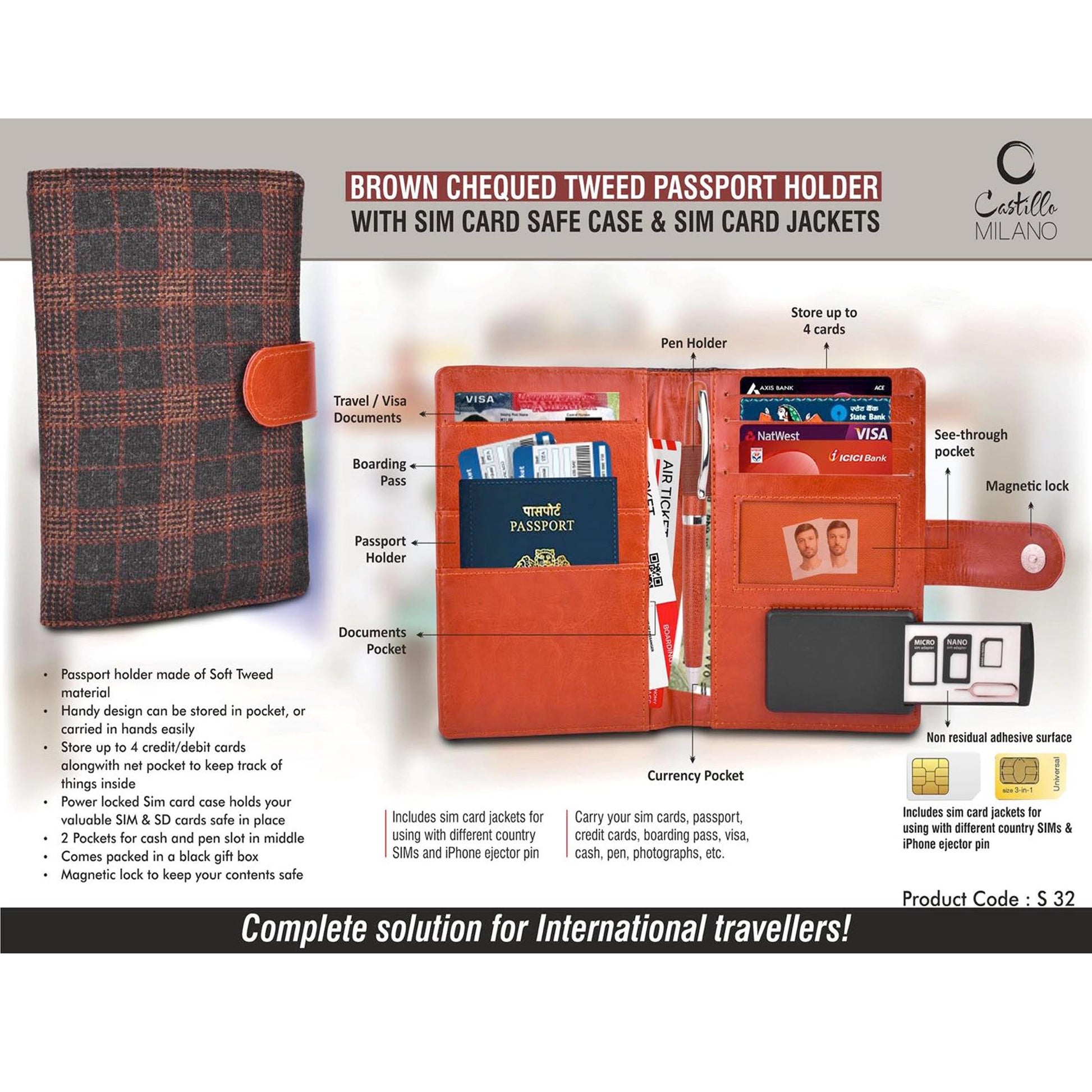Brown Chequed Tweed Passport holder with Sim Card Safe Case & Sim Card Jackets - S 32 MARSH Corporate gifts