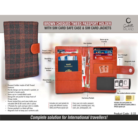 Brown Chequed Tweed Passport holder with Sim Card Safe Case & Sim Card Jackets - S 32 MARSH Corporate gifts