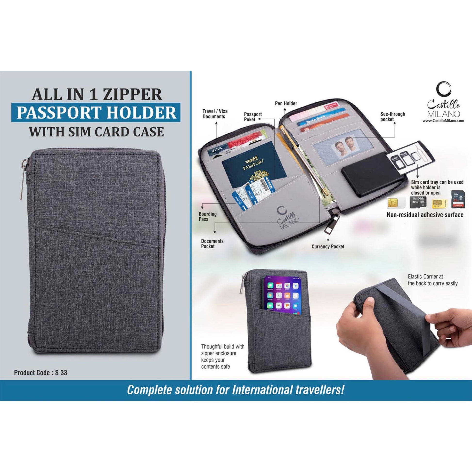 All in 1 Zipper Passport holder with Sim card case- Gray - S 33 MARSH Corporate gifts