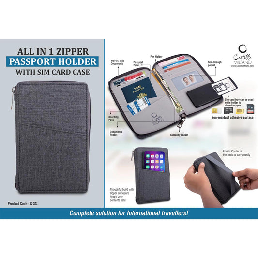 All in 1 Zipper Passport holder with Sim card case- Gray - S 33 MARSH Corporate gifts