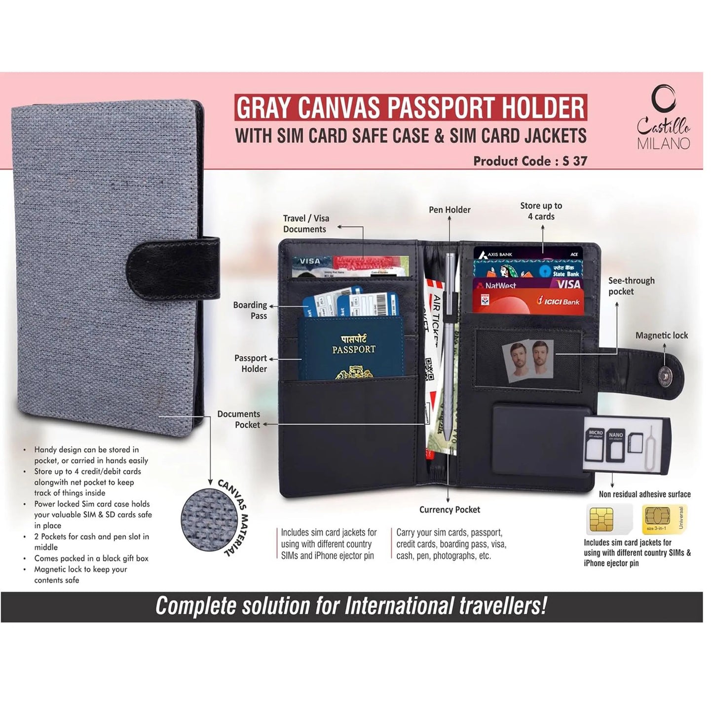 Gray Canvas Passport holder with Sim Card Safe Case & Sim Card Jackets - S 37 MARSH Corporate gifts