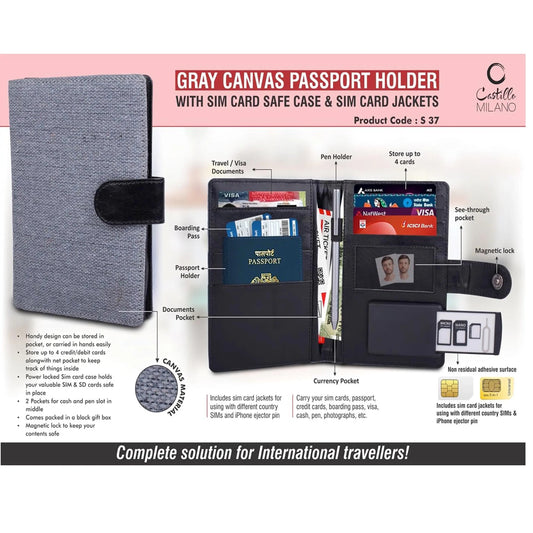 Gray Canvas Passport holder with Sim Card Safe Case & Sim Card Jackets - S 37 MARSH Corporate gifts
