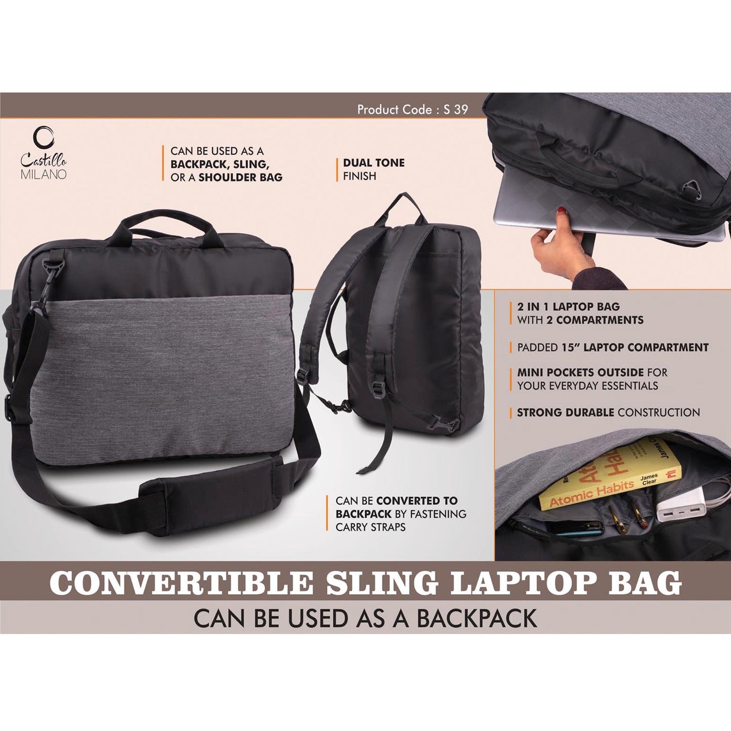 Convertible Sling Laptop Bag | Can be used as a backpack | Dual tone finish | Separate laptop space - S 39 MARSH Corporate gifts