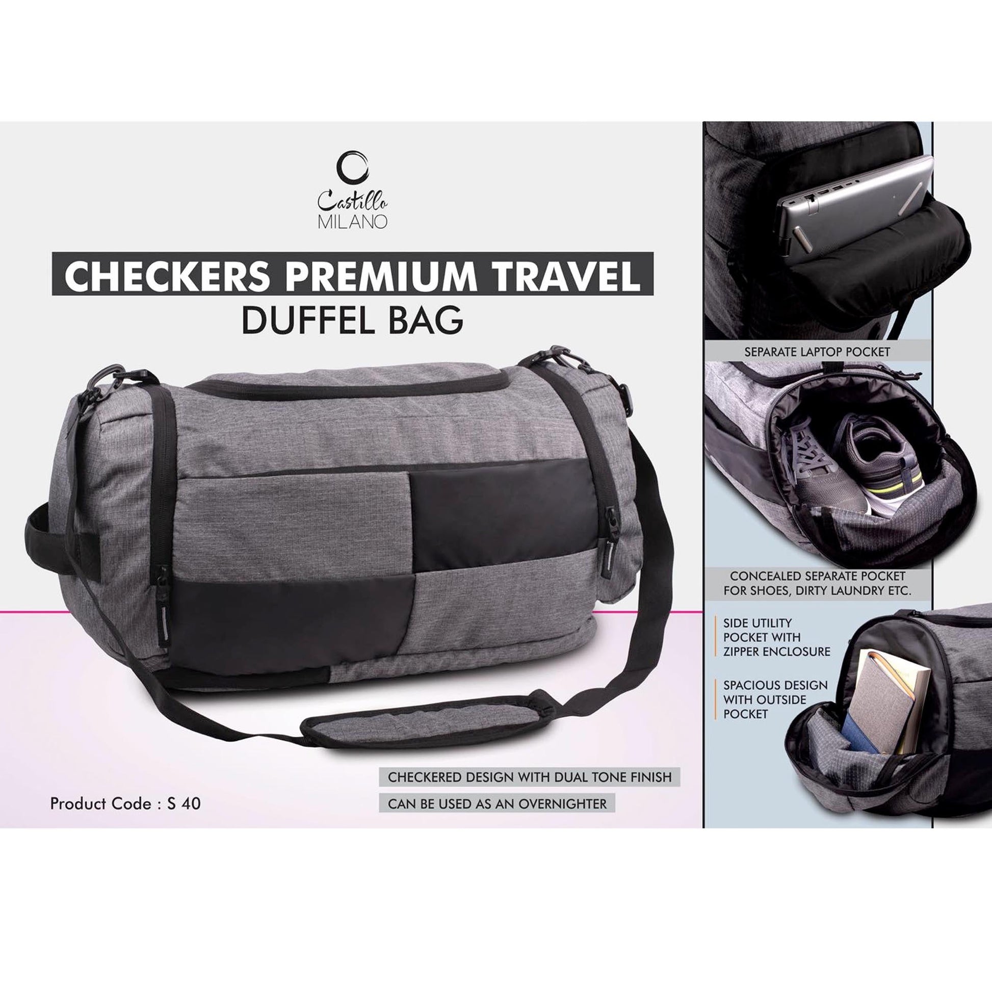 Checkers Premium Travel Duffel bag | Separate Laptop Compartment | Shoe & Utility Pockets on sides - S 40 MARSH Corporate gifts